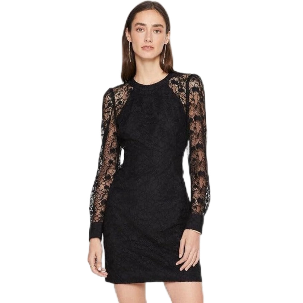 Club Monaco Black Fitted Lace Long Sleeve Dress Size 6 Nwt